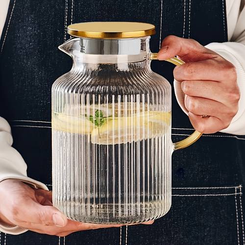 1pc 68oz glass pitcher with lid and handle 1800ml modern vertical stripes tea pot heat resistant borosilicate glass carafe for hot for cold water glass water jugs for cold brew coffee iced tea drinks beverages milk tea jar clear