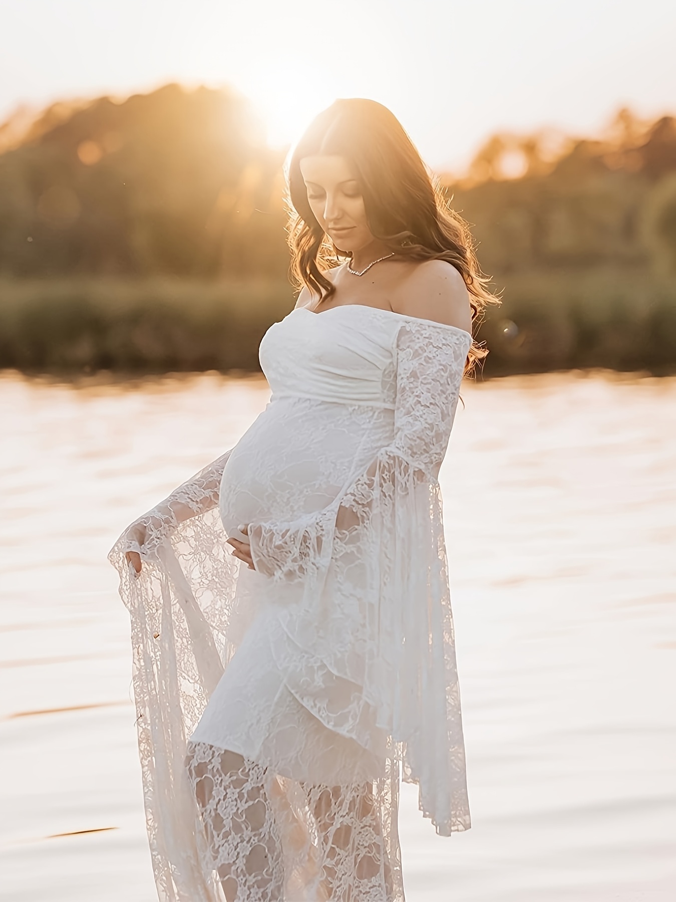 shoulder lace maxi dress bell sleeves perfect pregnant women - Temu