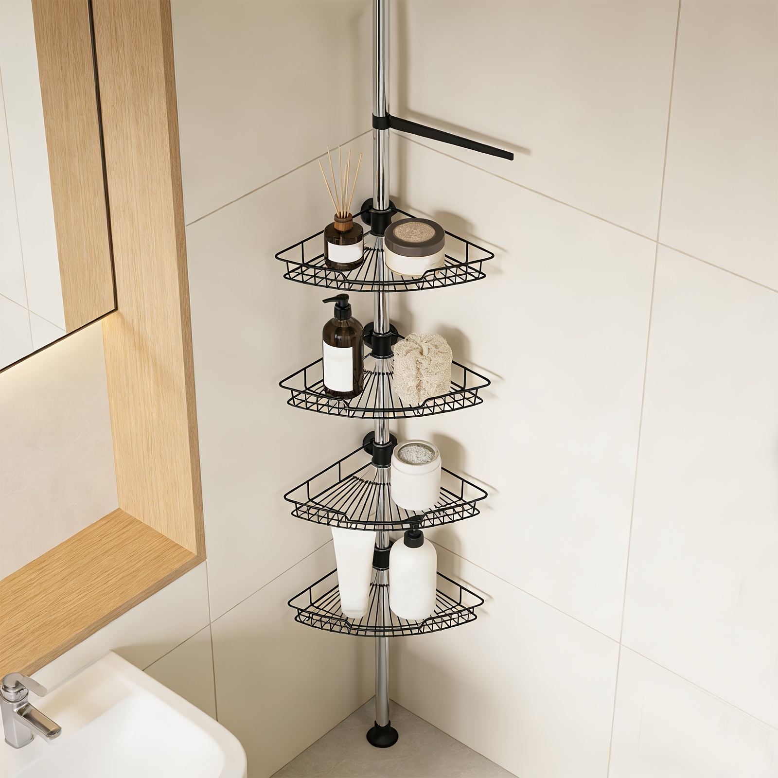 Stylish Black Bathroom Series, No-drill Shower Rack, Height-adjustable Telescopic Corner Shower Rack With 4 Metal Shower Baskets, Shower Storage For Bathroom Supplies.