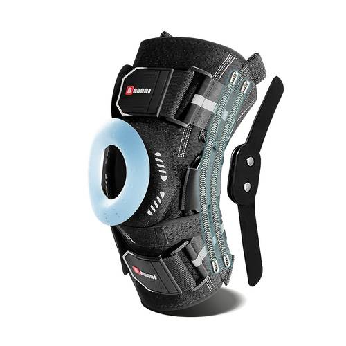 artikel foto professionele kniebrace met veerondersteuning en meniscus, verstelbare banden & siliconen kussensport, fitness & knie ondersteunings sleeve