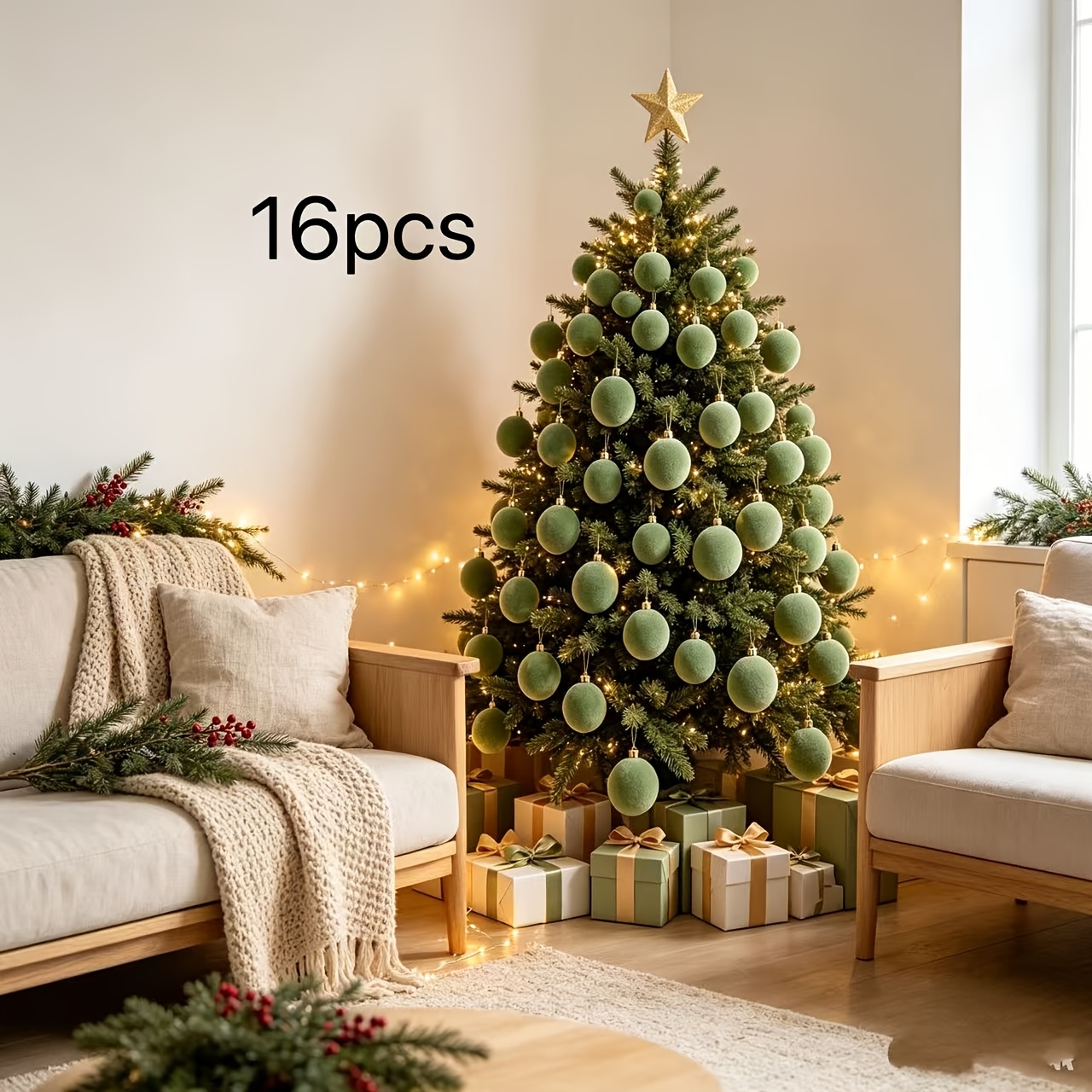 TEMU 16 boules de décoration de Noël en peluche verte - Boules de Noël en velours mat - Décorations pour sapin de Noël