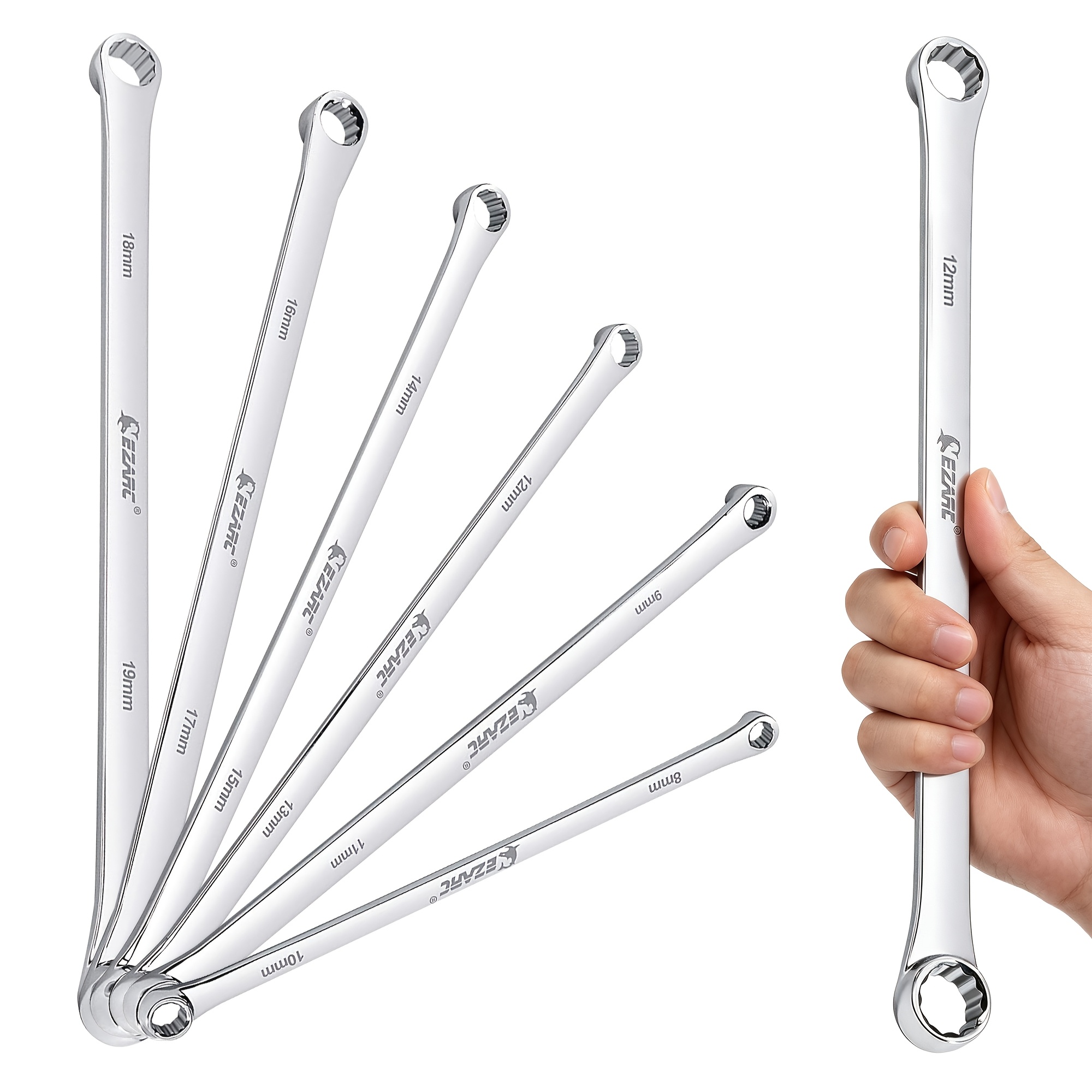 TEMU Ezarc 6pcs Extra Long Double-end Wrench Set, 8-19mm Crv Metric Wrenches, Heavy Duty For Auto & Motorcycle Repair, Professional Car Tool Kit For