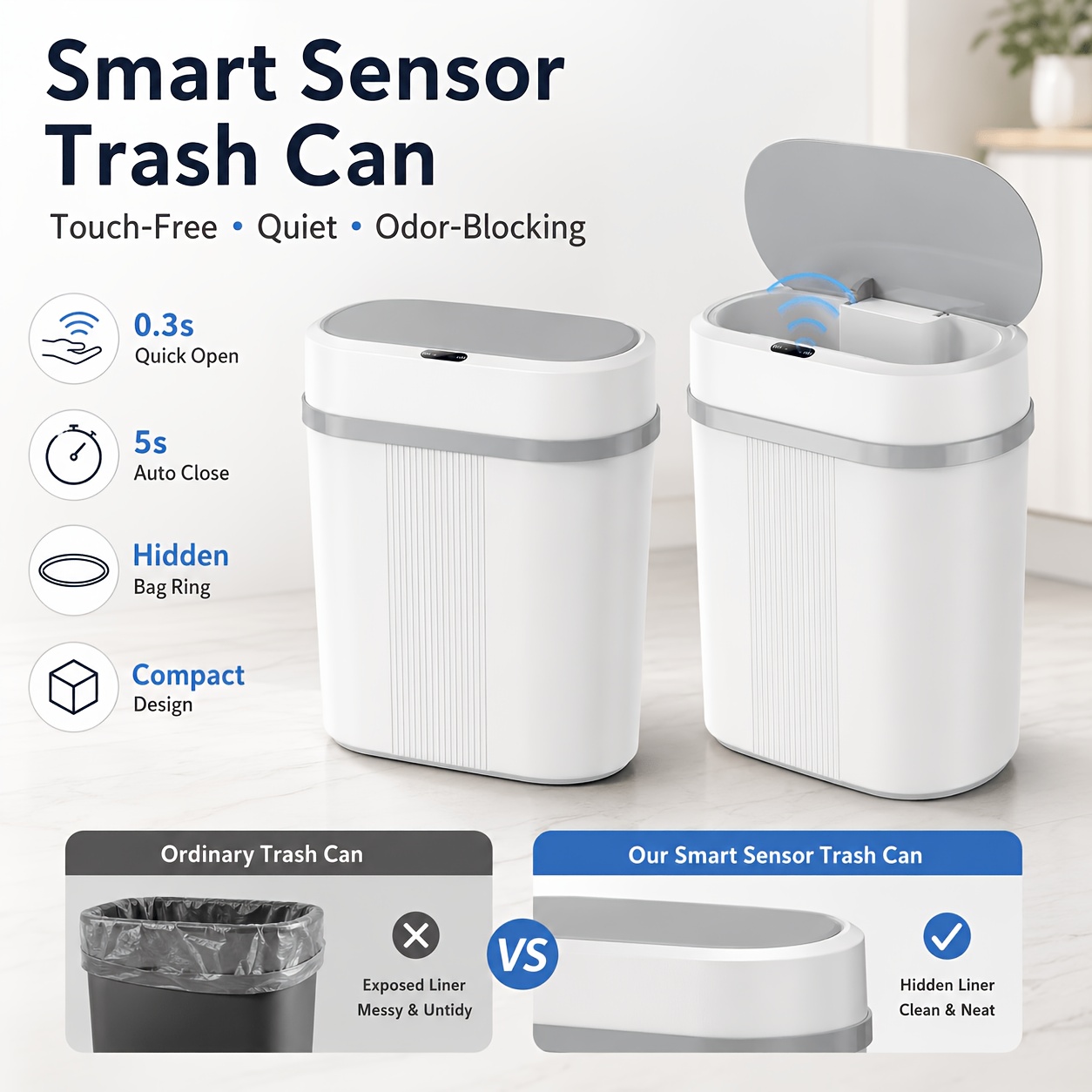 TEMU Smart Sensor Trash Can: 0.3s Quick Open, 5s Quiet Auto Close. Odor-blocking Sealed Lid And Hidden Bag Ring Keep A Neat Look. Space-saving Design