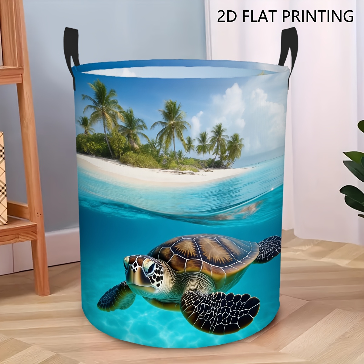 TEMU 1 Round Laundry Basket With Turtle Design | Large Capacity, Foldable For , Cartoon Pattern With Handle, Ideal For Dorms And Laundry Rooms,