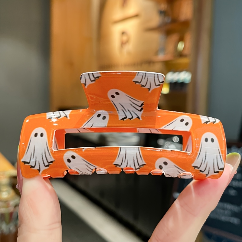 TEMU Nouvelle pince à gratter d'Halloween avec pince requin à imprimé jaune et blanc, accessoire de cheveux amusant pour les fêtes