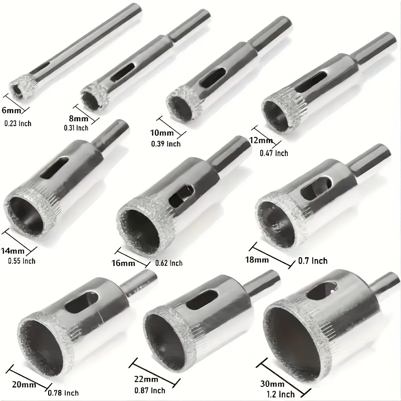 Image of Set Of 10 Diamond-coated Drill Bits For Tiles - Sturdy And Long-lasting, Suitable For Marble, Glass, Ceramic, And Porcelain - Ideal Kit