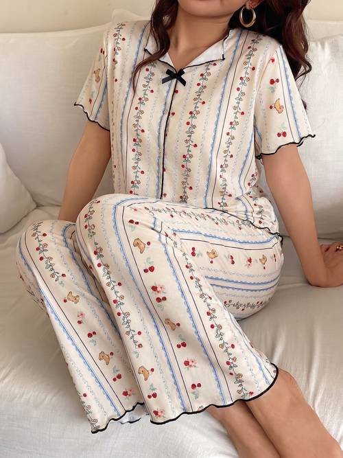 item picture womens v neck cartoon print pajama set short sleeve top and pants cute pajama set womens homewear set casual fashion pajama set