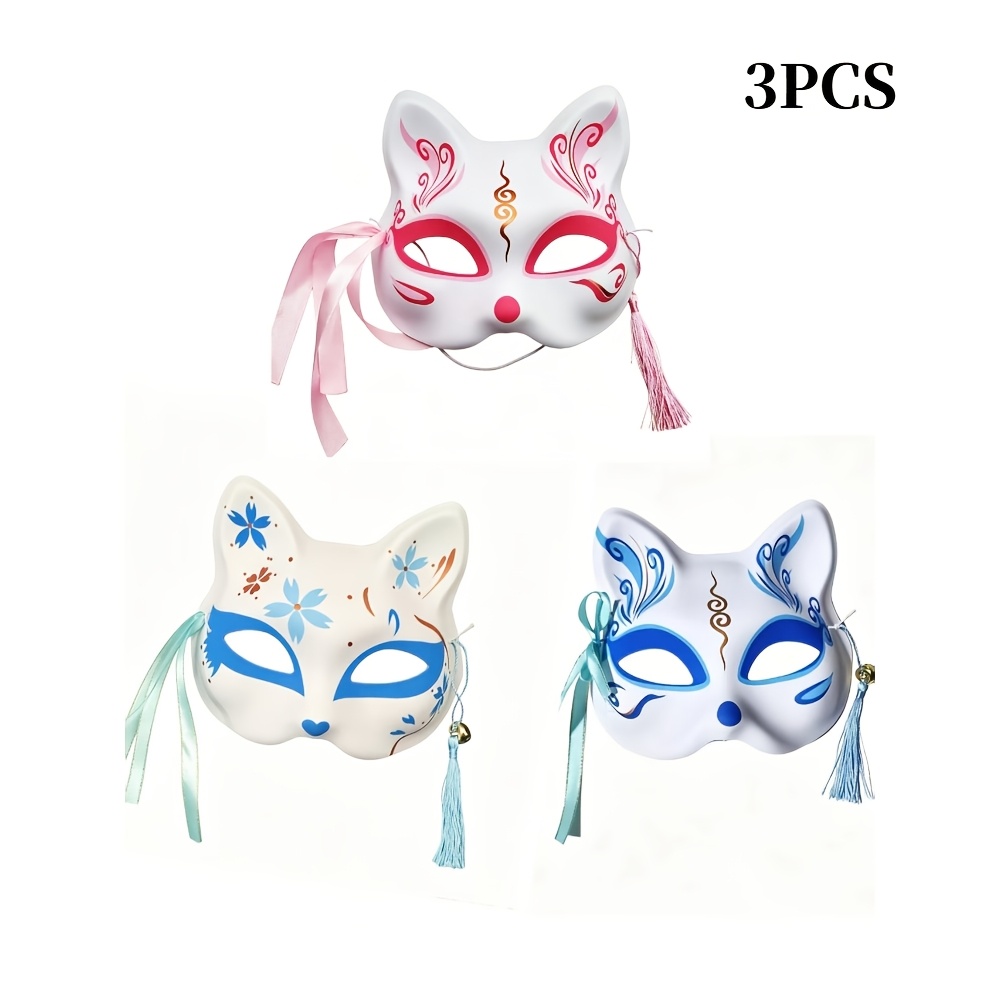 TEMU 3pcs Half-face Cat And Fox Masks, Japanese-style Anime Hand-painted Masks For Ladies' Parties And Balls, Halloween Props. Animal Fox Cosplay