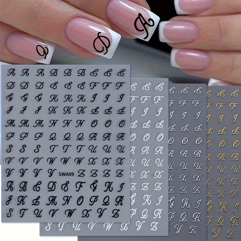 

4 Retro English Letter Nail Stickers In Black And White, Golden And Silvery Gothic Style English Letter Nail Decorations.