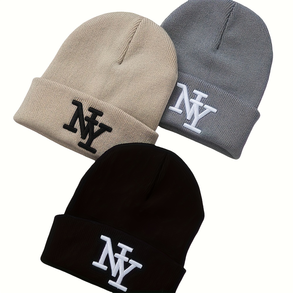 Image of 3pcs Pack Ny Embellished Beanies - Unisex Winter Hats Suitable For Outdoor Skiing, Cycling, Daily Wear - Lightweight Warm Y2k Letter Print Caps For