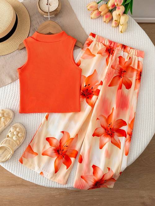 conjunto para niñas, chaleco sin acanalado y pantalones de pierna ancha con estampado floral, 2 piezas, conjunto casual de vacaciones, para exteriores