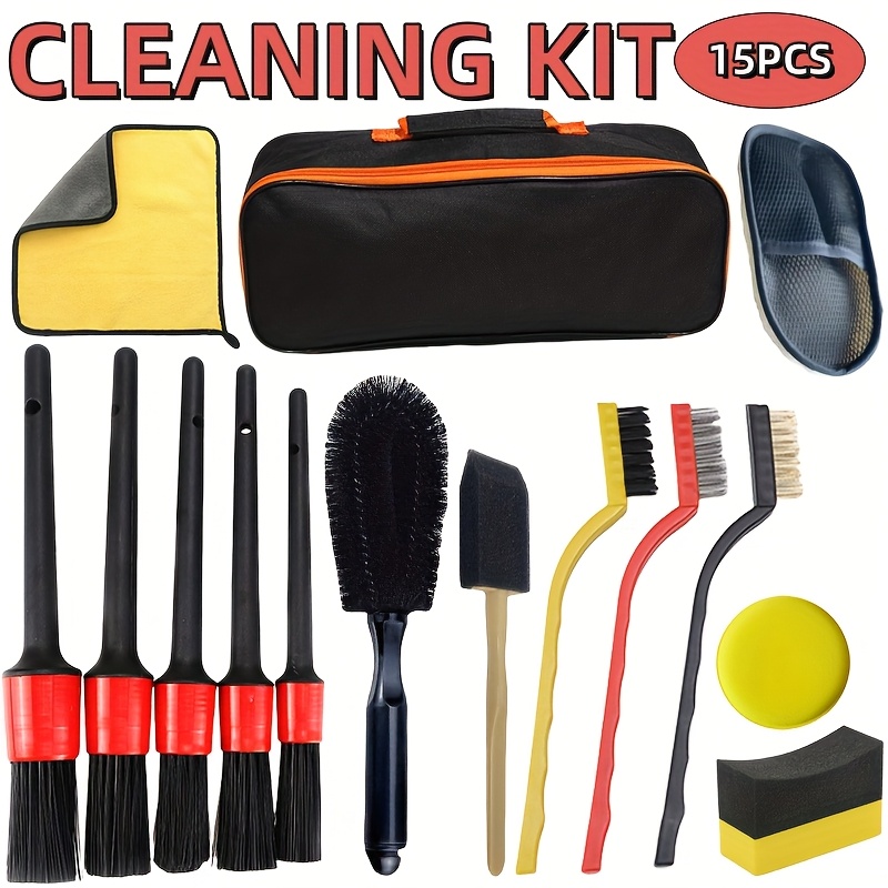 Image of Car Cleaning And Maintenance Kit: Car Wash Gloves, Wheel Cleaning Brush, Yellow Waxing Sponge, Curved Tire Sponge, Car Wash Towel, 3 Brushes, 5 Specifications Long Cleaning Brush, Black Sponge Brush