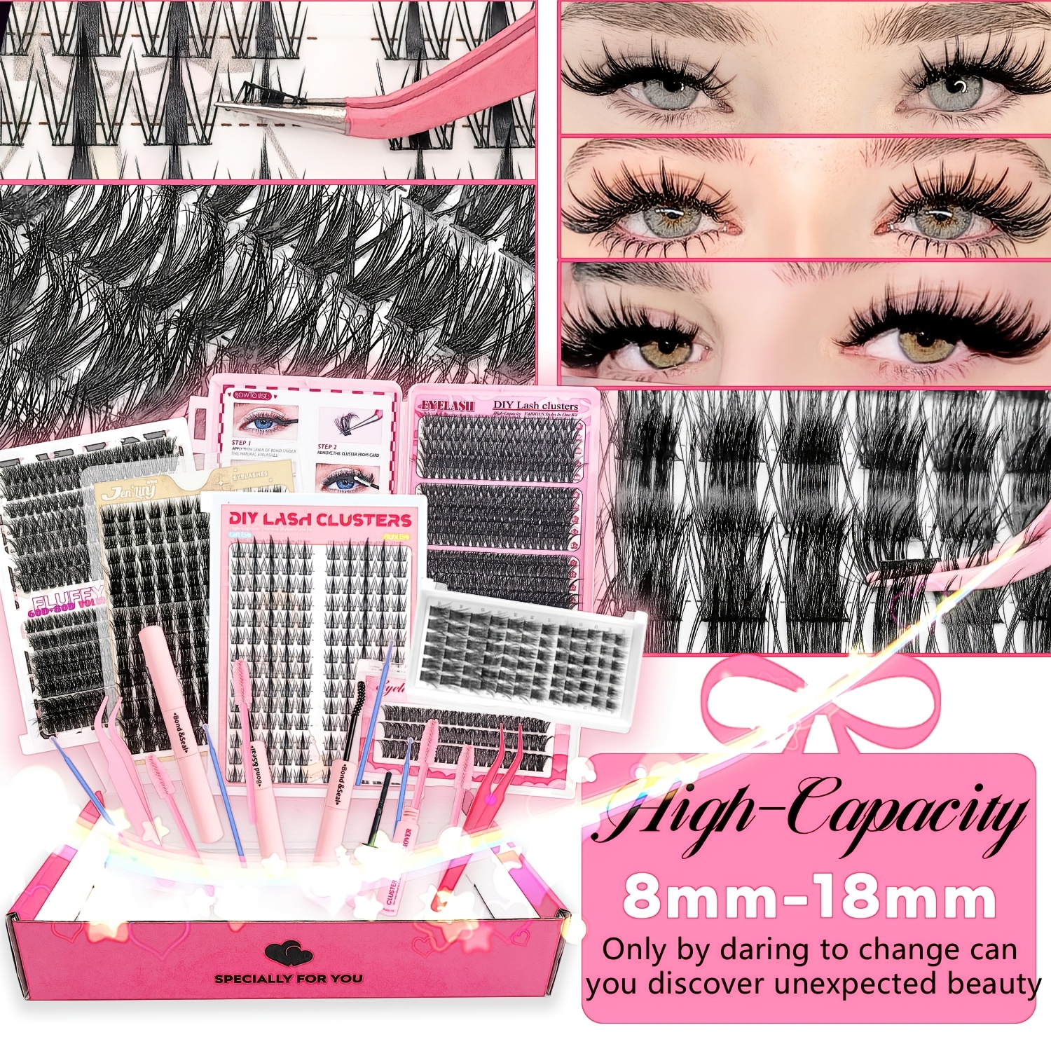 Image of False Eyelash Gift Clusters Kit Mixed 19pcs Set With Glue, Remover & Grafting Tools. Natural & Lashes, Perfect For Diy At Home, Valentine Day, Halloween & Christmas Gifts
