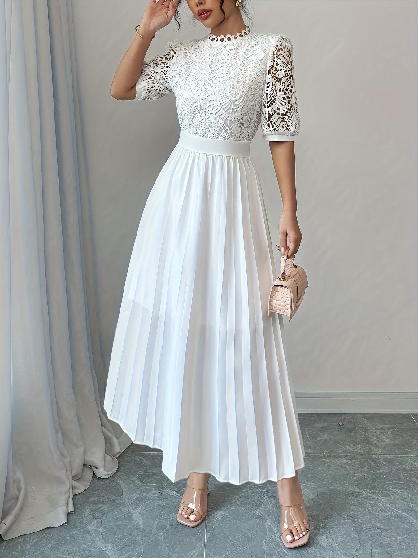 chinese dress ladies Long Sleeve Lace Pleated Dress