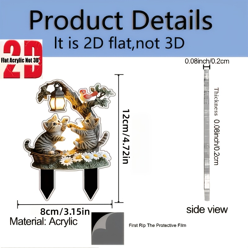 TEMU 2d Flat - 【2d Flat】 2d Flat - [2d Flat] 1pc 2d Flat Acrylic Sign, Designed For Flower Pots And Garden Soil, Featuring 2 Kittens, A , And A