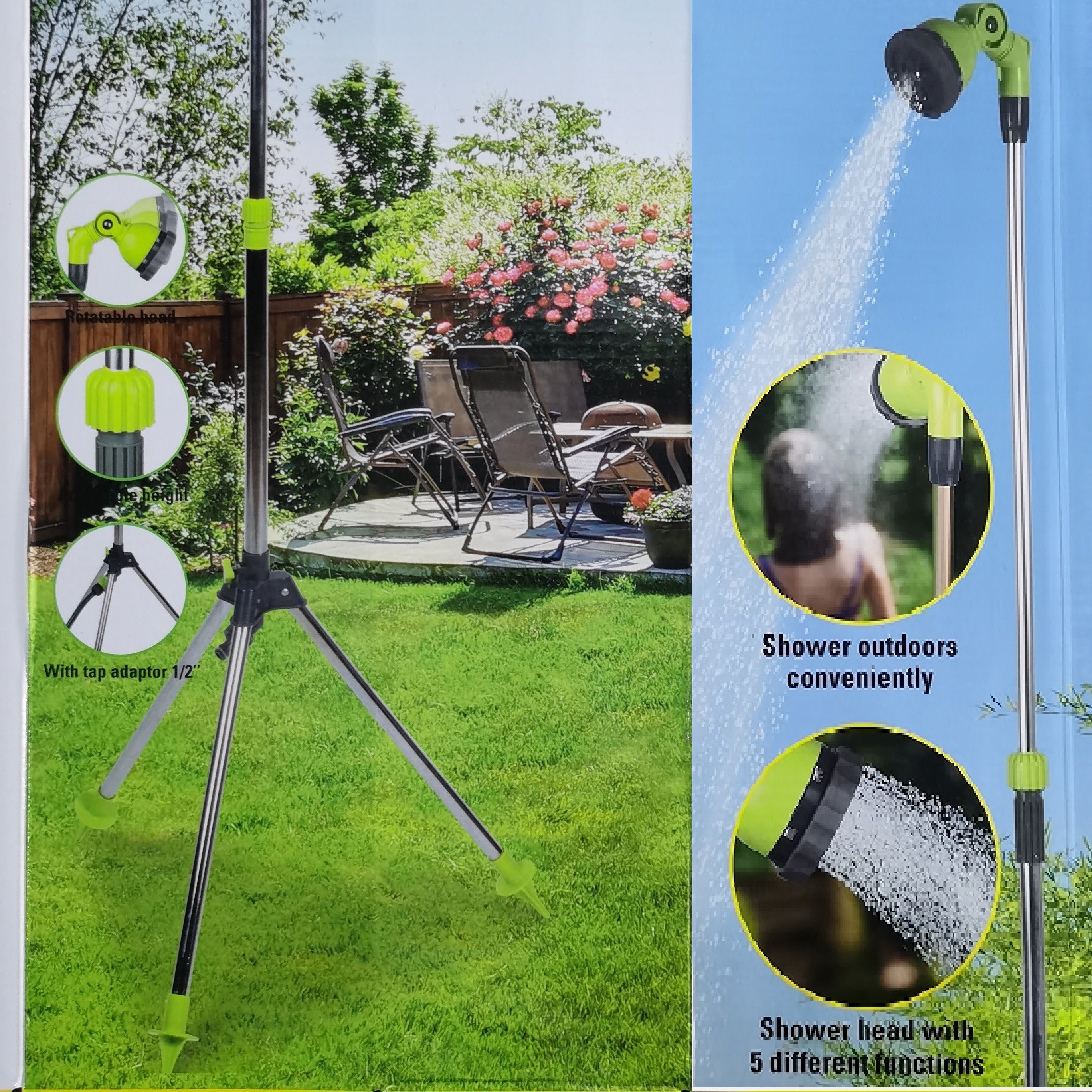 

Adjustable Height Outdoor Shower With Rotatable Head, 5-function Spray, Sturdy Tripod Base – Plastic Portable Shower For Above-ground Pools, Garden, Beach, Courtyard Use – No Electricity Required