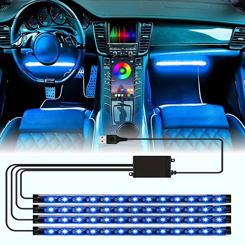 TEMU 4in 1 Car Led Strip Light, 52 Led Rgb Car Interior Ambient Lights Under Dash Lighting Kit With Change And Usb Port, Wireless Control, Neon Car