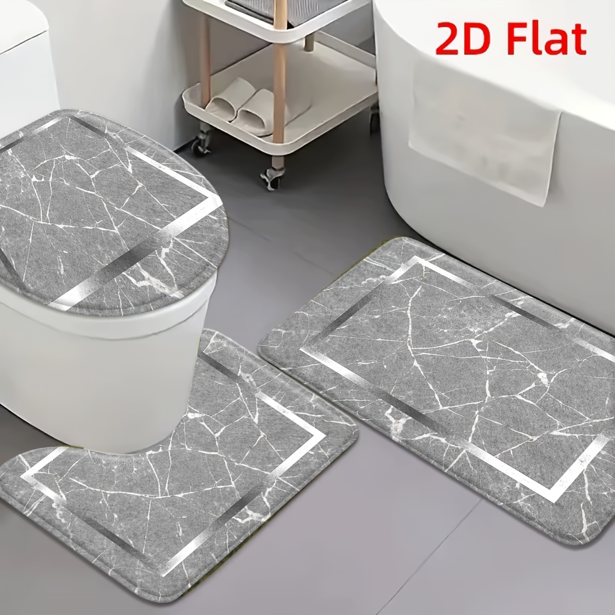 TEMU 3pcs Handmade Suitable For Bath Rug Set - Soft Absorbent Non-slip Marble Vein With Gray Marble Print, Thick Flannel Suitable For Bathroom,