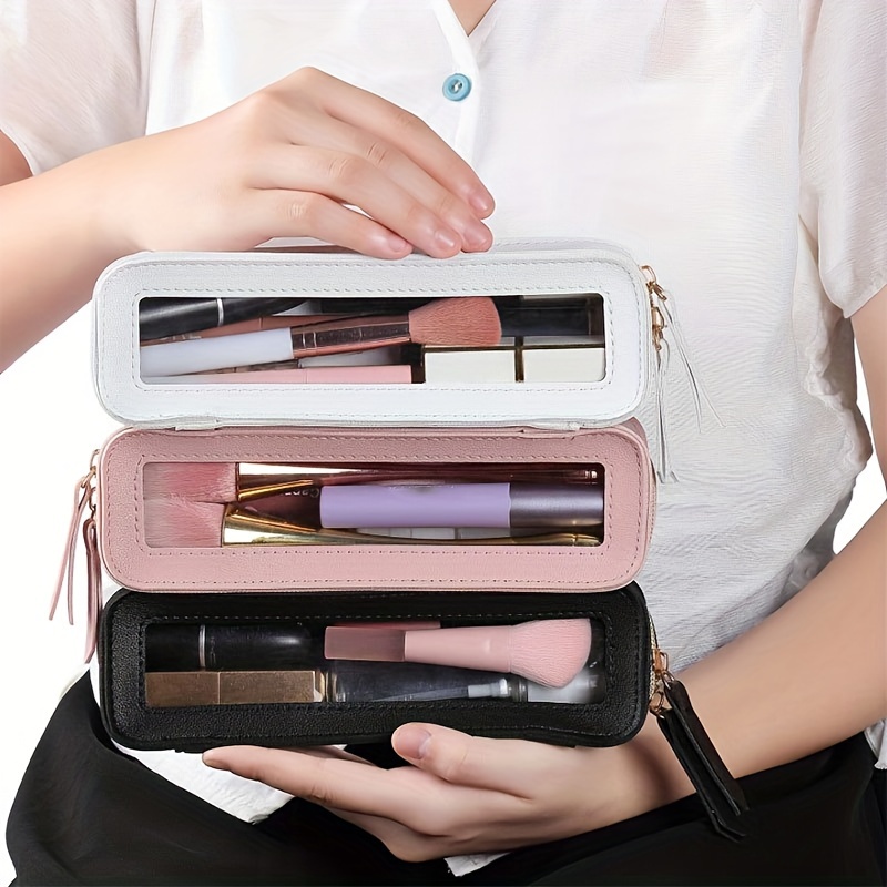 

Portable Multifunctional Makeup Brush Storage Bag, Lightweight Travel Organizer Case - Pu Material In White/red/black, For Adults, Makeup Travel Bag