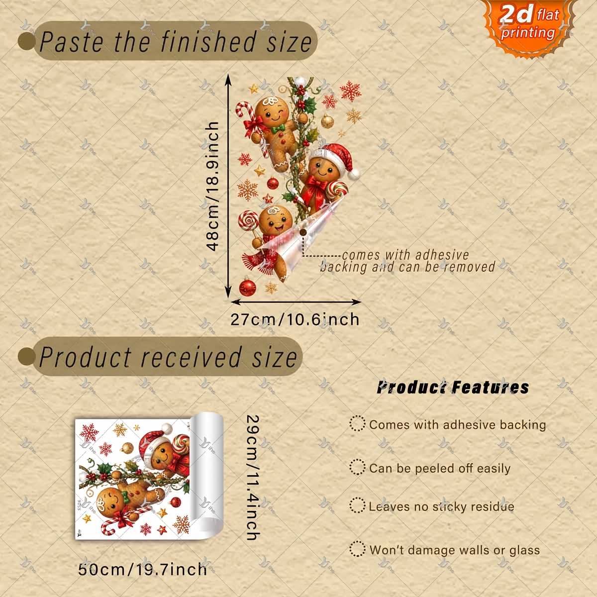 TEMU 2d Flat, 1pc 2d Flat Printed Christmas Climbing Gingerbread For Man Snowflake 30*50cm Window Sticker, Creative Diy Self-adhesive Removable