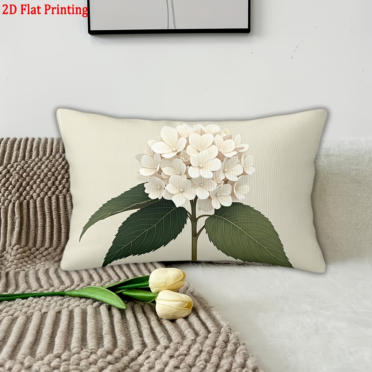 TEMU 1pc Double-sided Printed Short Plush Pillowcase, Available In Multiple Sizes: 12x20 Inches And 16x24 Inches. Features White Hydrangea Pattern.