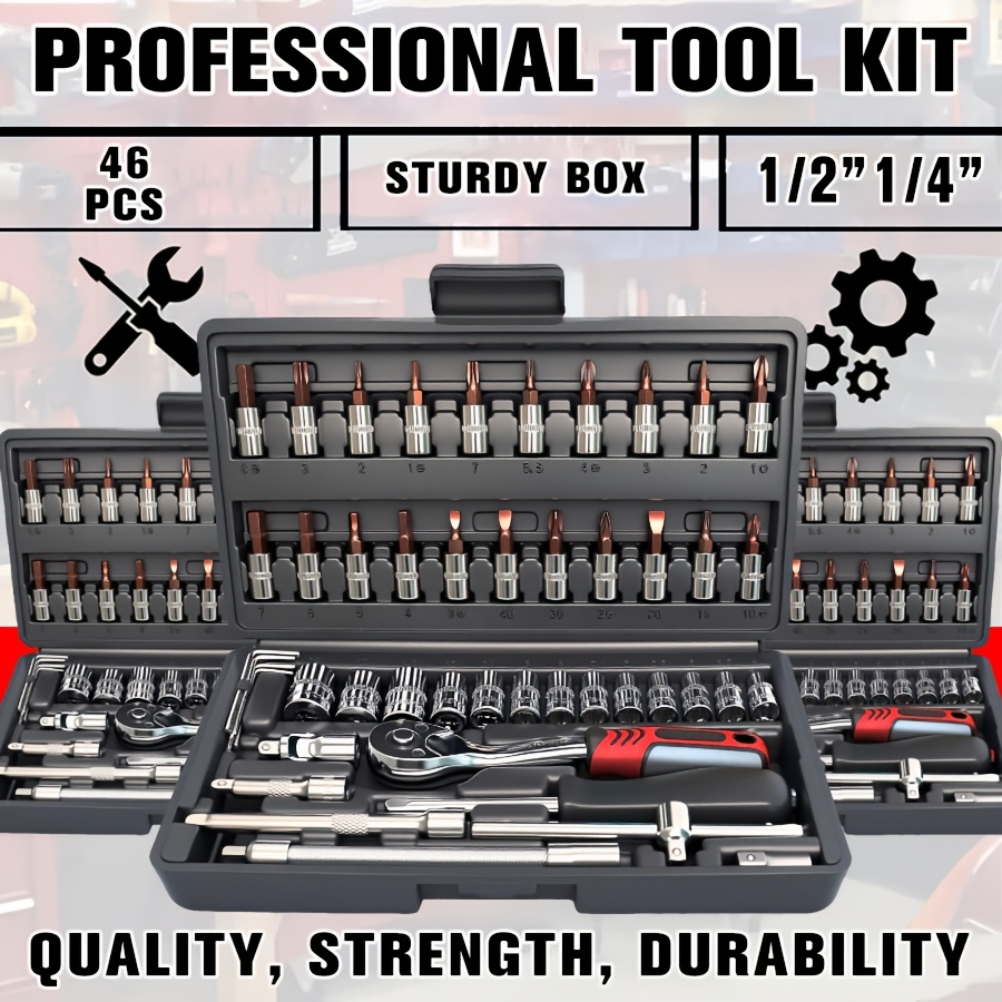 46pcs heavy duty 1 4 inch drive socket set   release ratchet screwdriver kit extension all socket storage case included durable iron construction for professional mechanics diy compatible for automobiles trucks no Product details 8