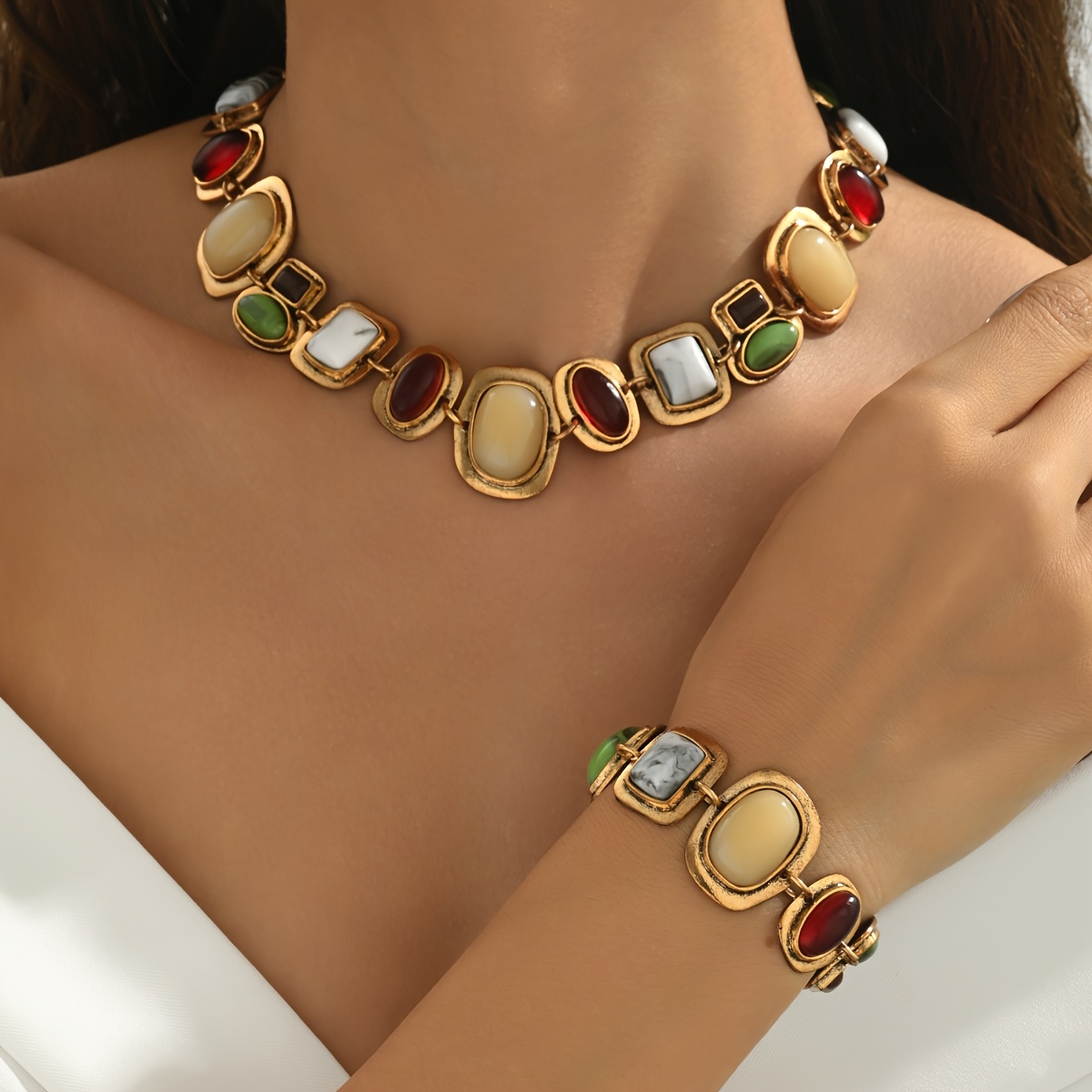 TEMU 1 Set Pezzi Collana e Bracciale Pendente Geometrico Multicolore in Stile Boh矇mien Vintage , con un Design Unico e di Nicchia, , , Elegante e .
