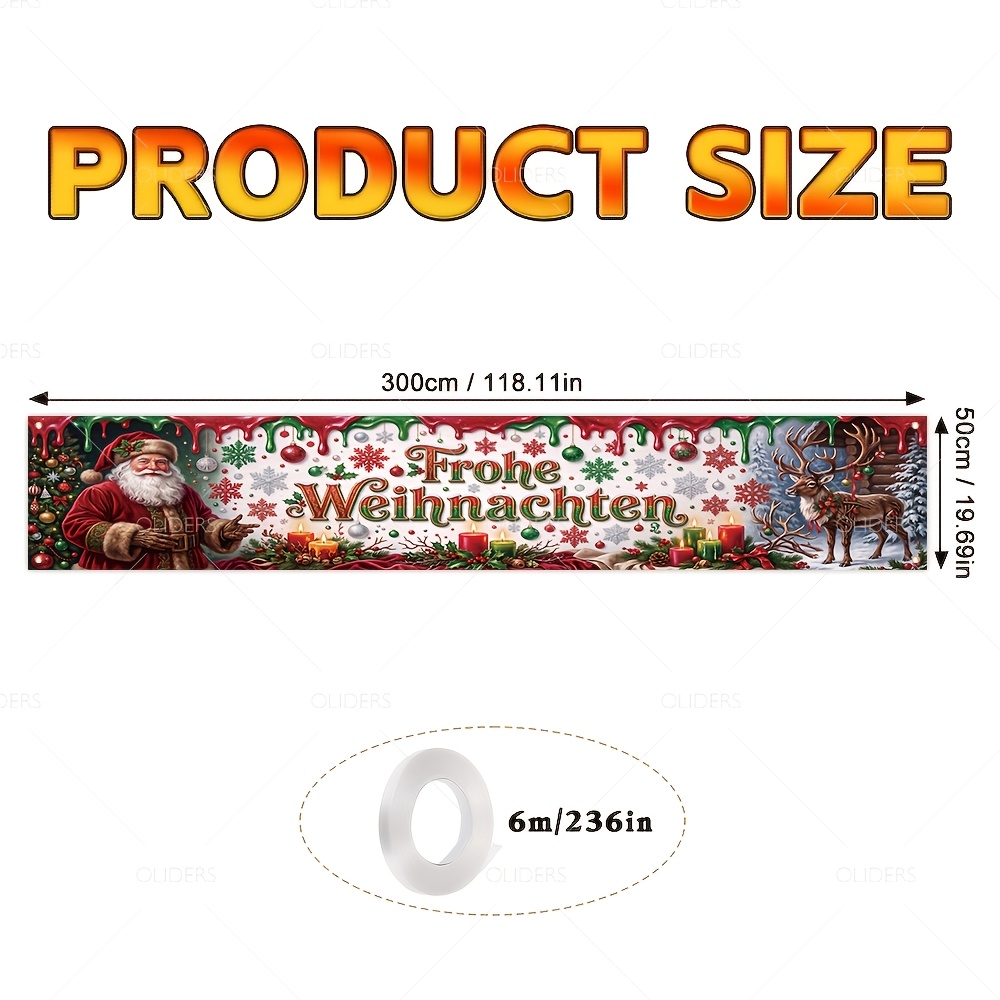 TEMU 2D-Flach, . Deutsches Weihnachtsbanner mit deutschem Text, geeignet für Winter- Neujahrsparty-Dekorationen, Rentier- & Baummuster, Hintergrund