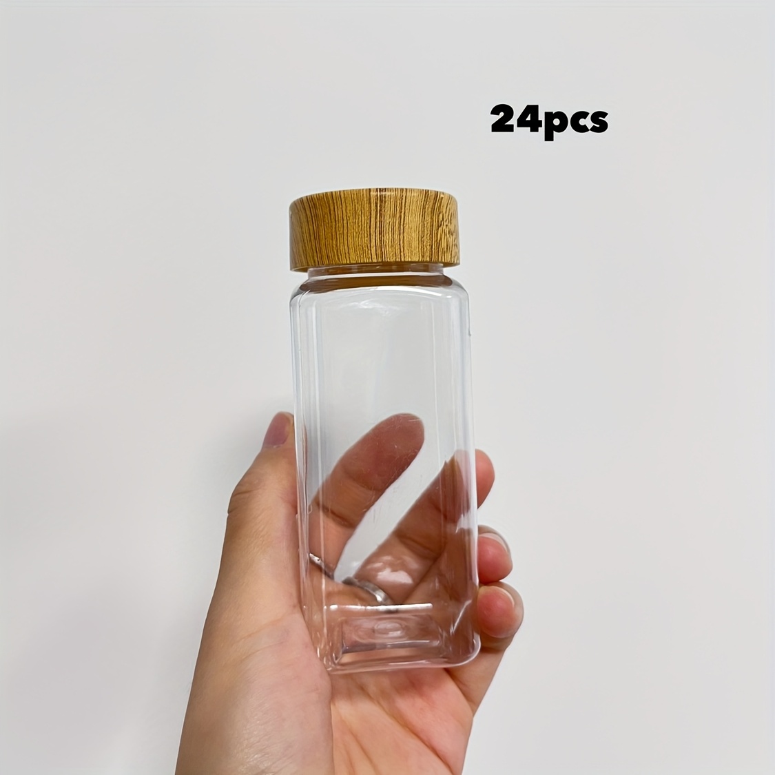 Image of 12/24 Pack Square Plastic Spice Jars With Lids, 5.4oz Airtight Containers, Wood Grain Wooden Lids & Spice Labels, Rust-proof Kitchen Organizer Set, Hand Wash Only, Spice Storage, Rustproof Container