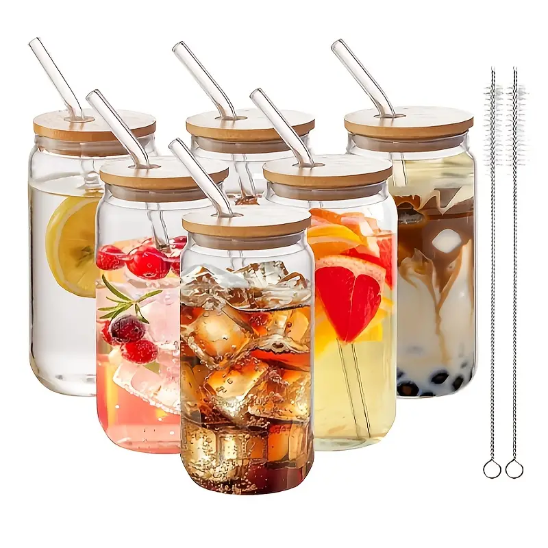 6pcs 18 6oz bamboo lid glass mason jar cups with reusable straws cleaning brush leak proof iced coffee tea cocktail cups for home parties holidays christmas halloween thanksgiving gift for him her Product details 0