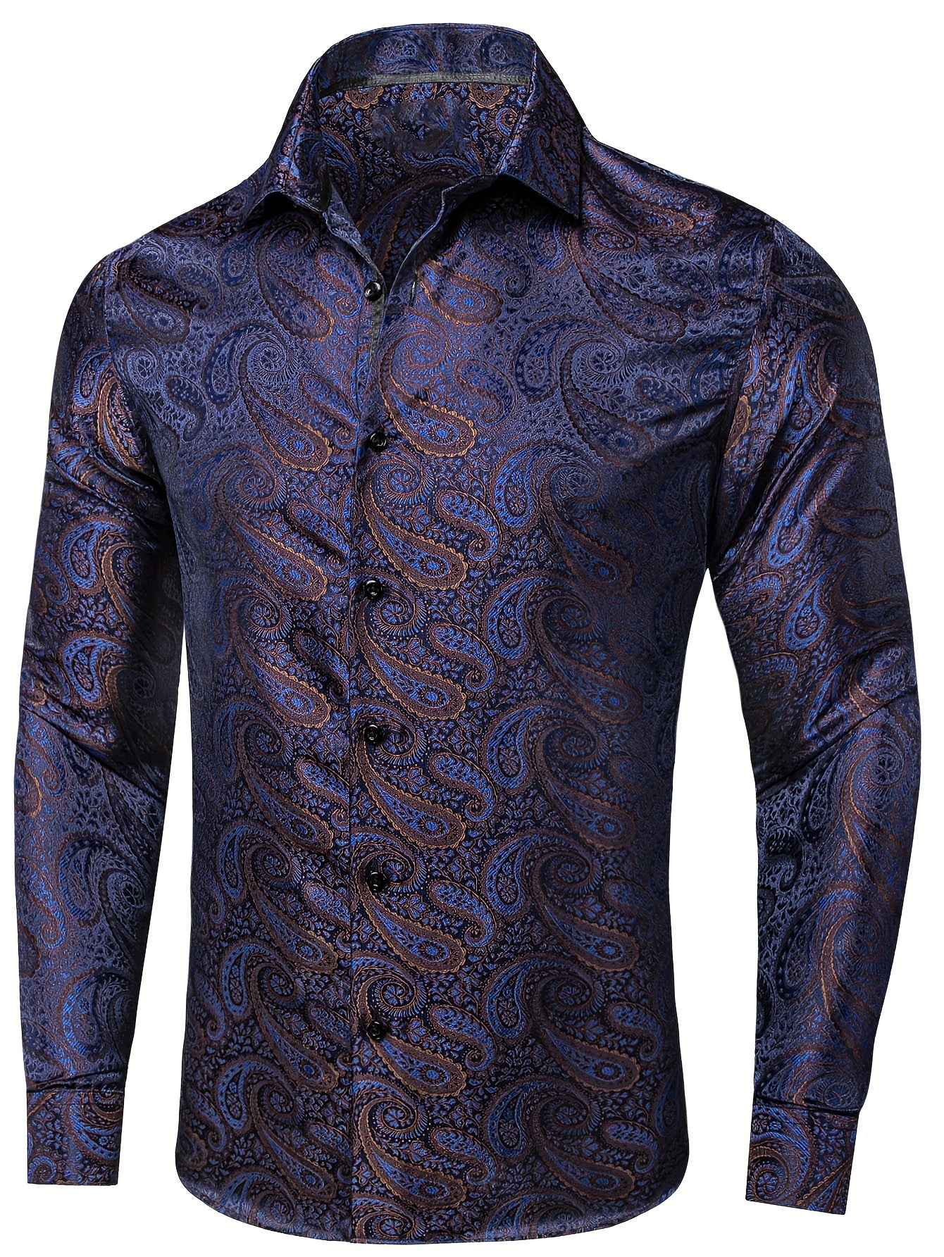 Big Tall Mens Brown Blue Jacquard Dress Shirt - Premium Long Sleeve With  Button Lapel - * Business, Banquet, Wedding, And Party Events - Fas