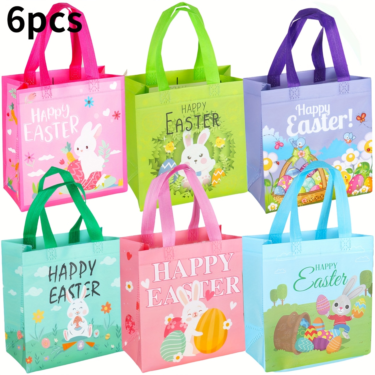 Image of 6/12pcs Reusable Easter Gift Bags With Handles - 6 Non-woven Fabric Hunt Bags, 9x4.3x8.6 Inch Bunny Rabbit Floral Egg Patterns For Easter Party Favors, Basket Stuffers & Decorations