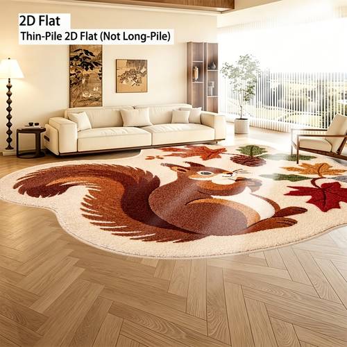 2D Flat Creative Squirrel Maple Leaf Pattern Machine Washable Irregular Kitchen Rug, Thin Plush 2D Printed Non-Long Pile, Office, Bathroom, Living Room, Bedroom, Indoor/Outdoor Door Mat, Entrance Carpet