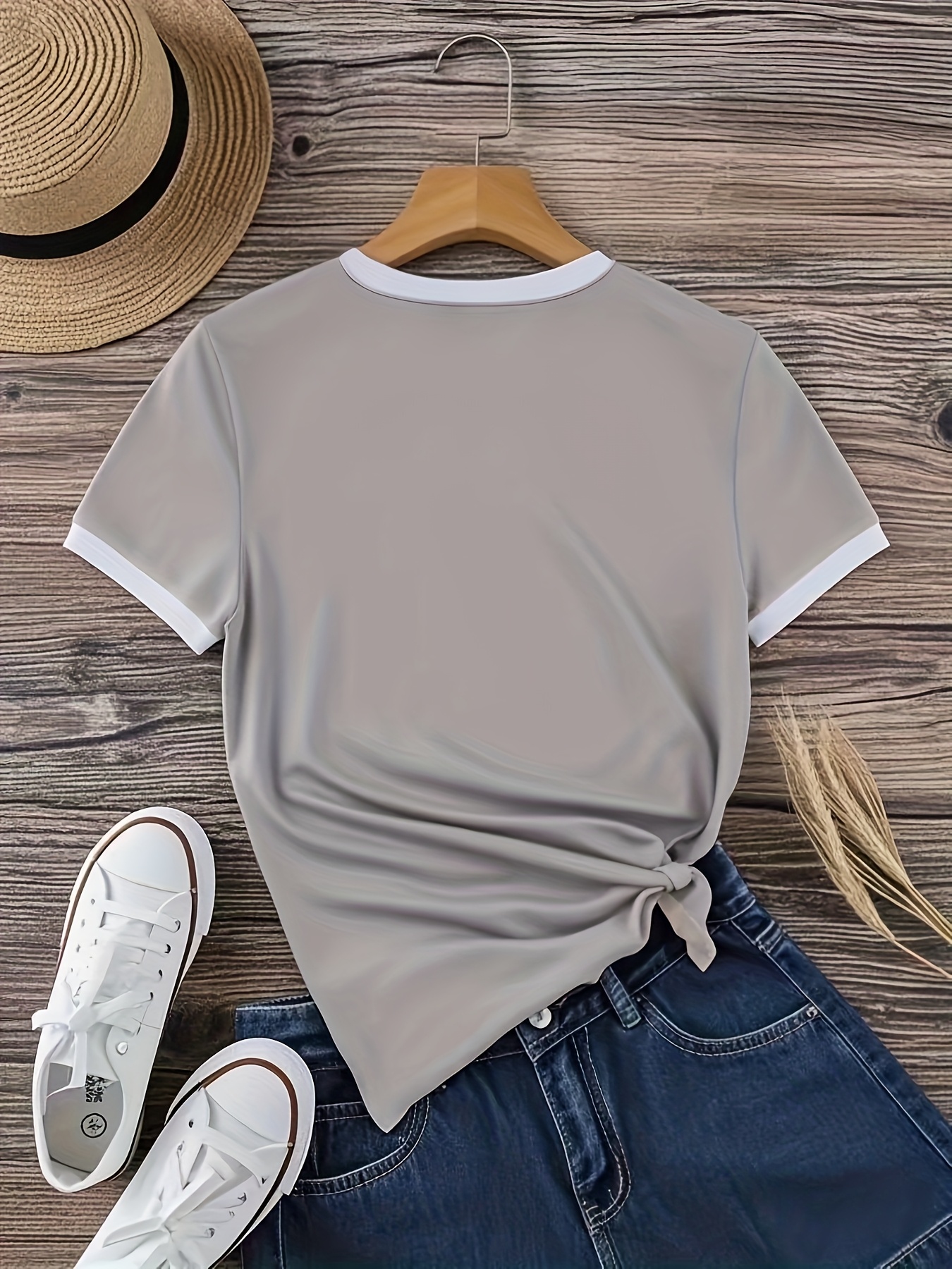 Contrast Trim Short Sleeve T-shirt, Casual Crew Neck Top For Spring & Summer, Women's Clothing