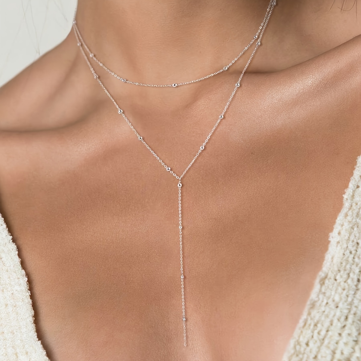 Stainless Steel Double Layer Y Shaped Round Ball Necklace