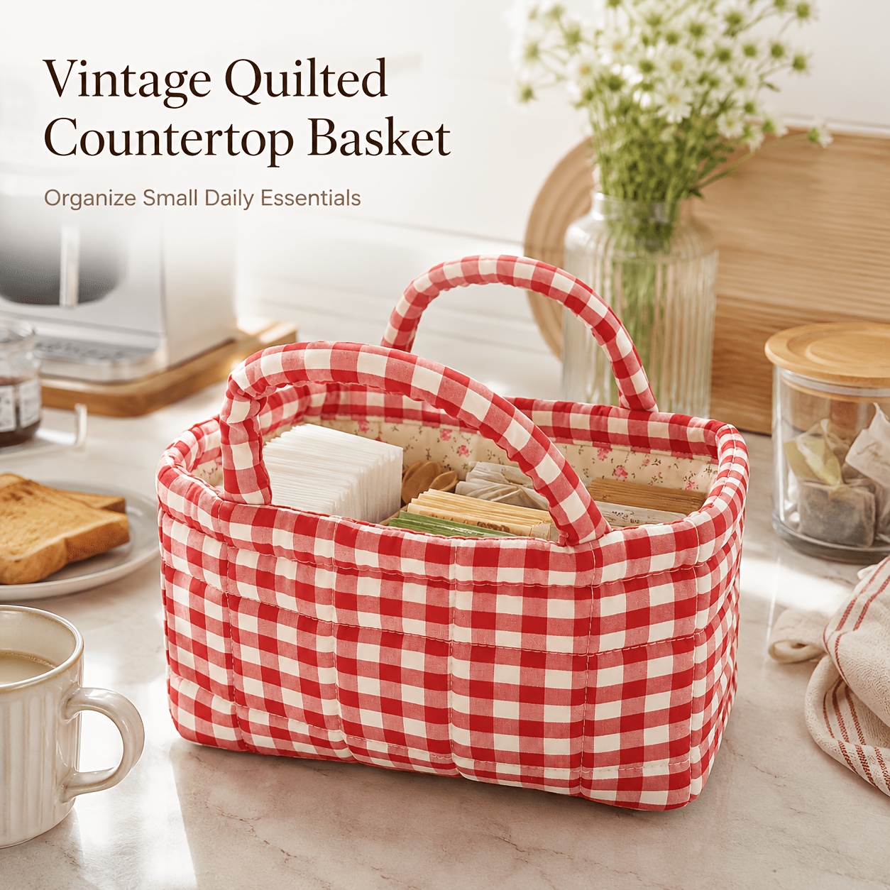 TEMU Panier de Rangement - Panier de Rangement en Tissu Plaid Rouge Vintage Français, Organisateur Matelassé Portable avec Poignées pour Salle de