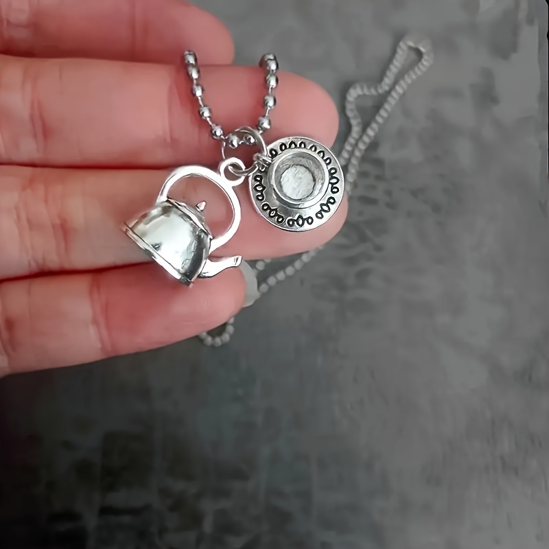 Image of Vintage Bohemian Asymmetrical Teapot And Tea Pendant Necklace, Bead Chain, Women's Fashion Accessory Jewelry