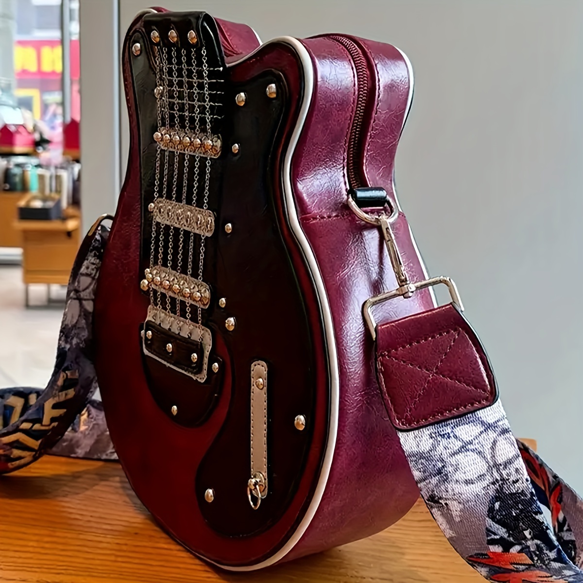 guitar shaped crossbody bag for women y2k vintage style pu leather bass design with chain and rivet details details 2