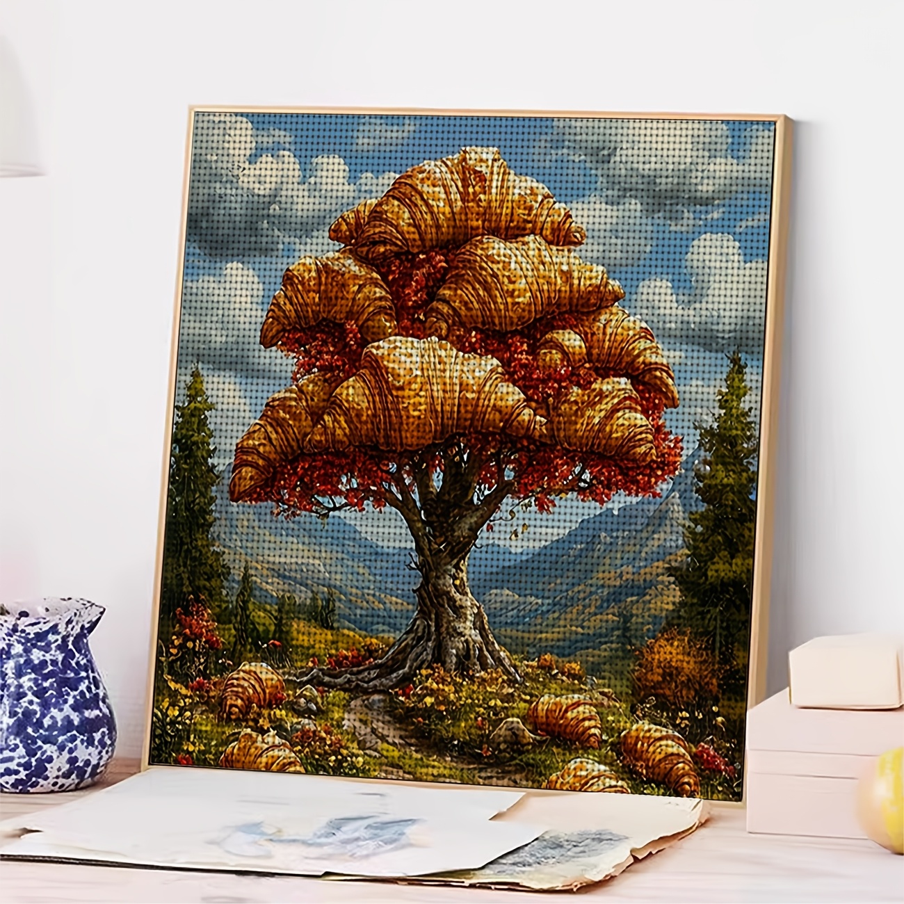 Cross Stitch Printed Kit, Frameless Autumn Forest Leaves Design