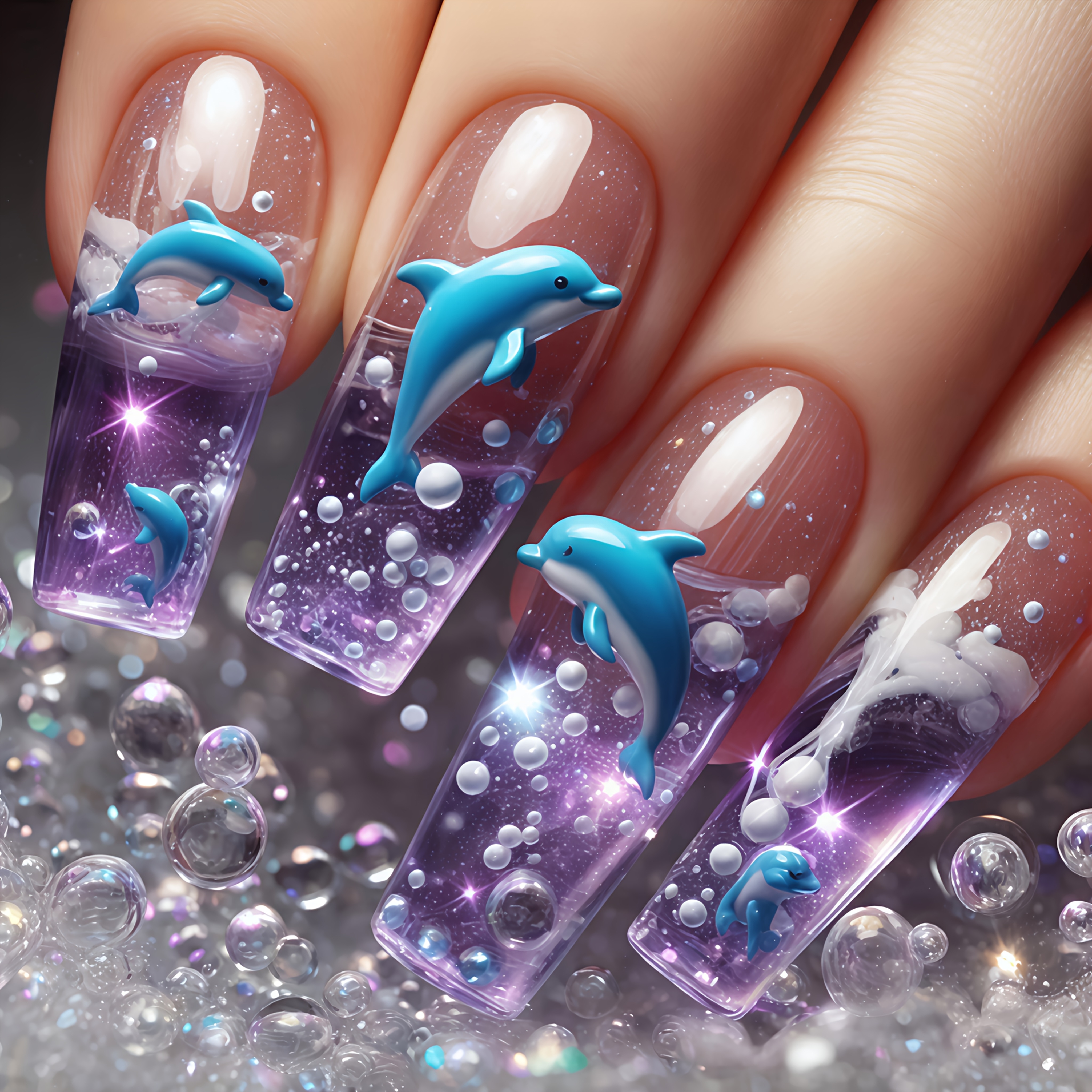 Mid-length Purple Dolphin 24pcs False Nails Nail Art Press-on Nails Removable Nail Stickers Convenient For Daily Wear And , Parties, Vacations