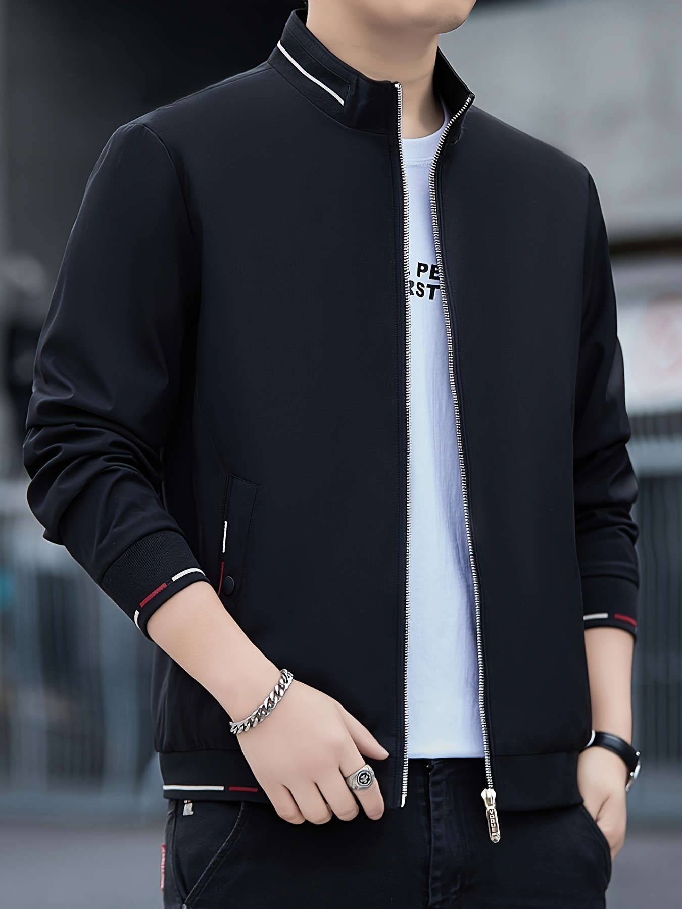 mens jacket modern trench coat lightweight zipper stand - Temu