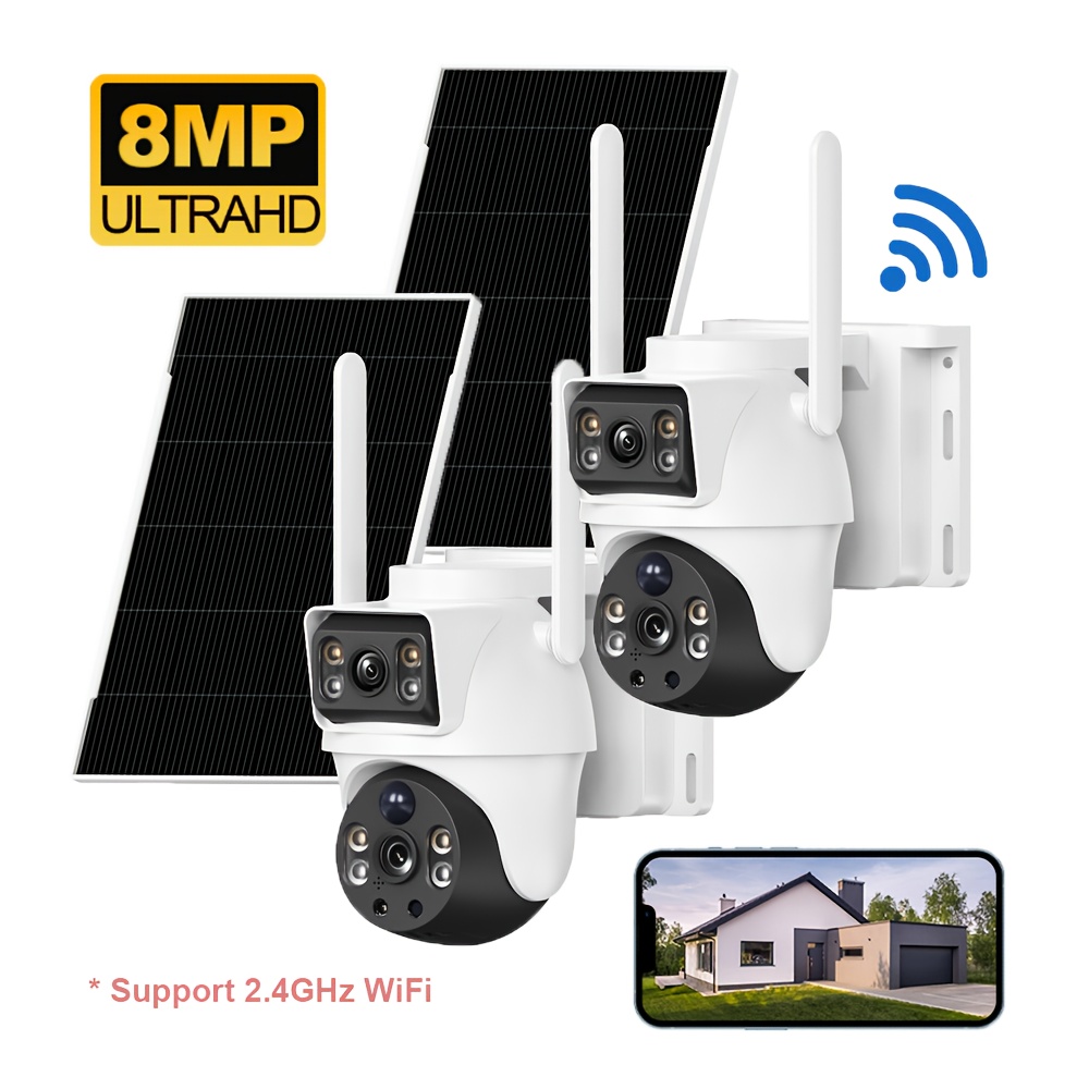 2pcs 8mp Dual-lens Wifi Solar-powered Cameras, 360-degree View, Night Vision, Audio, Pir Detection, Supports 2.4g Network
