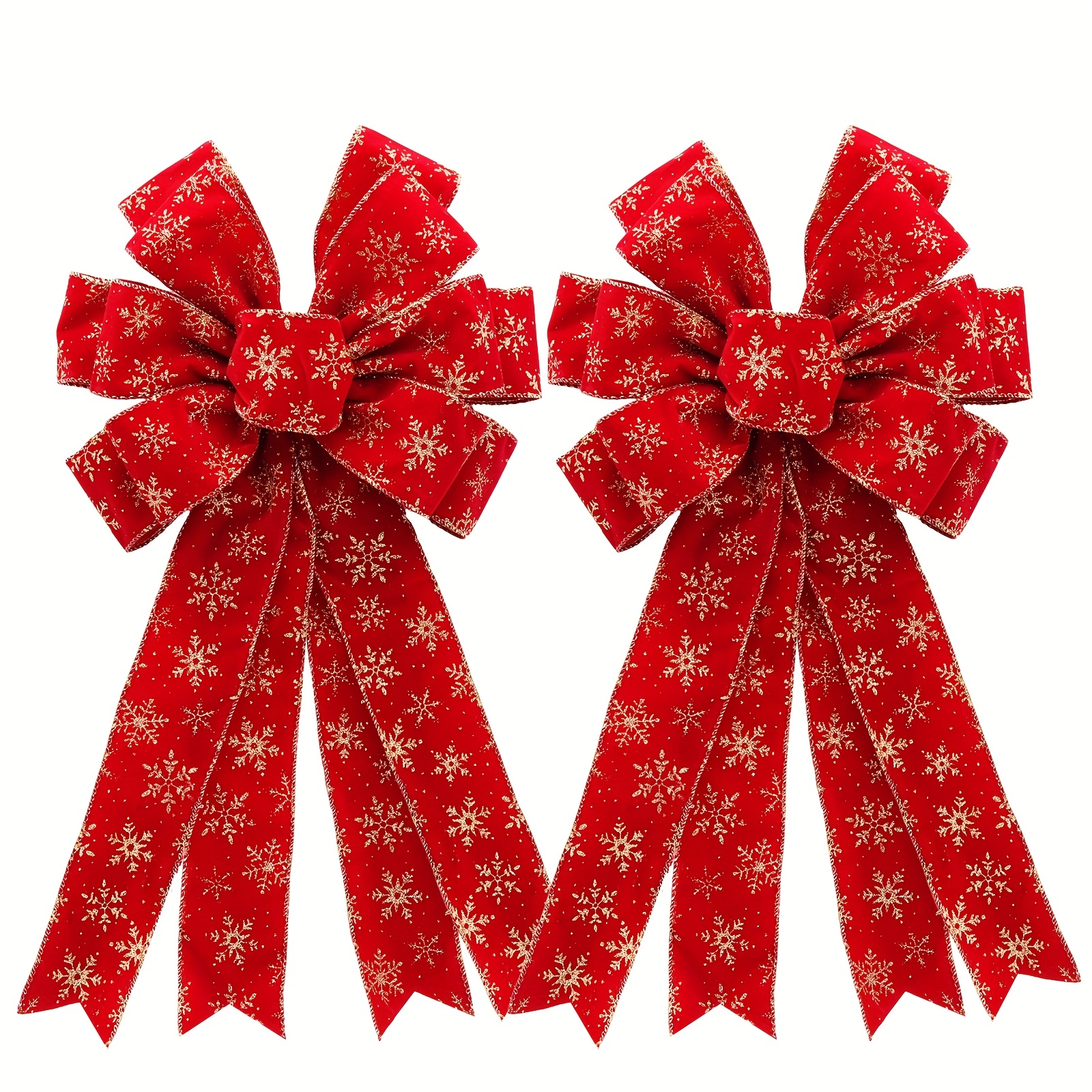 Set Of 2 Golden Snowflake Red Bows For Christmas Tree Decoration, Wreath Additions, New Year Home Decor, Gift Wrapping Bows, And Festive Party Arrangements