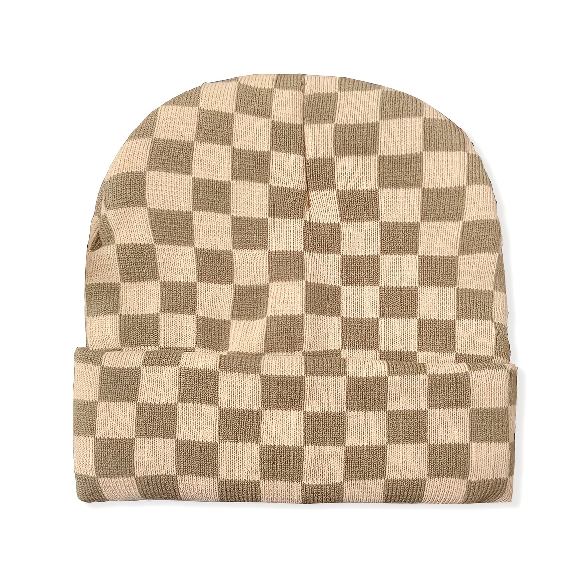 TEMU A Checkerboard Jacquard Pattern Women's Brimless Beanie, Unisex Autumn/winter Accessory With A Rolled-up Cuff For Wind Protection. Suitable For