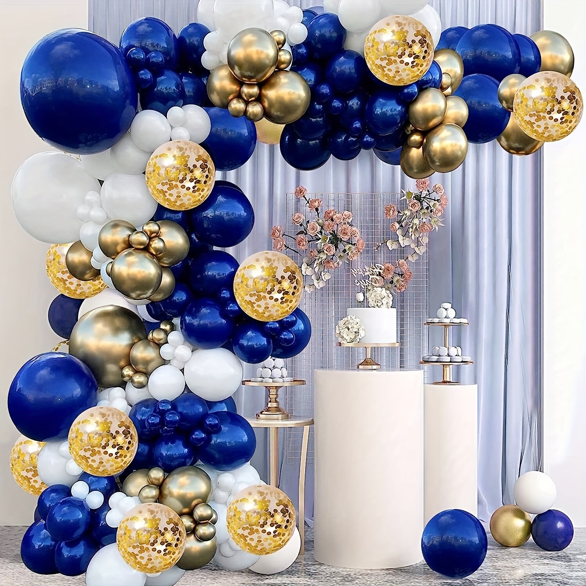 

108-piece Navy Blue And White Balloon Set With Accessories For Weddings, Birthdays, Graduations, And General Celebrations - Suitable For Ages 8+, Non-electric, Latex Party Supplies