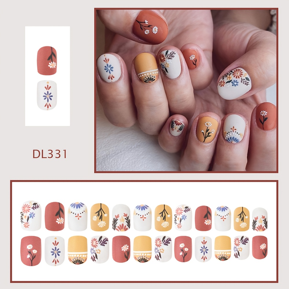 TEMU 24pcs Short Square Colorful Floral Nail Tips, Wearable And Removable Fake Nails