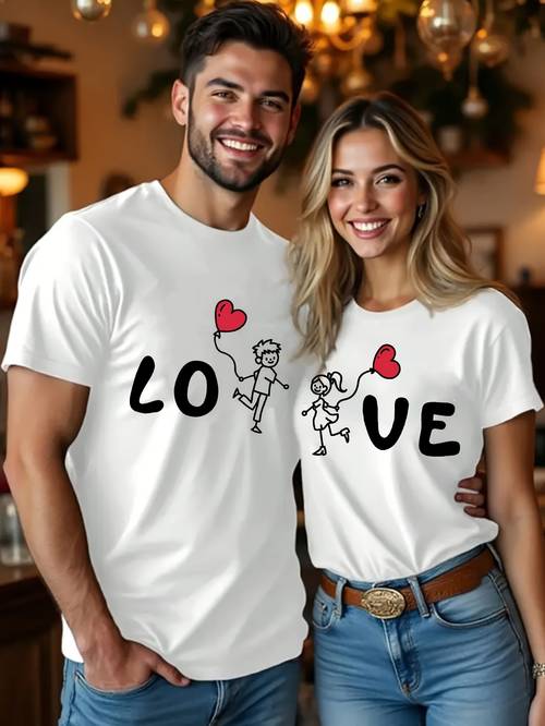 love heart pattern couple valentines day round neck casual short sleeve t shirt