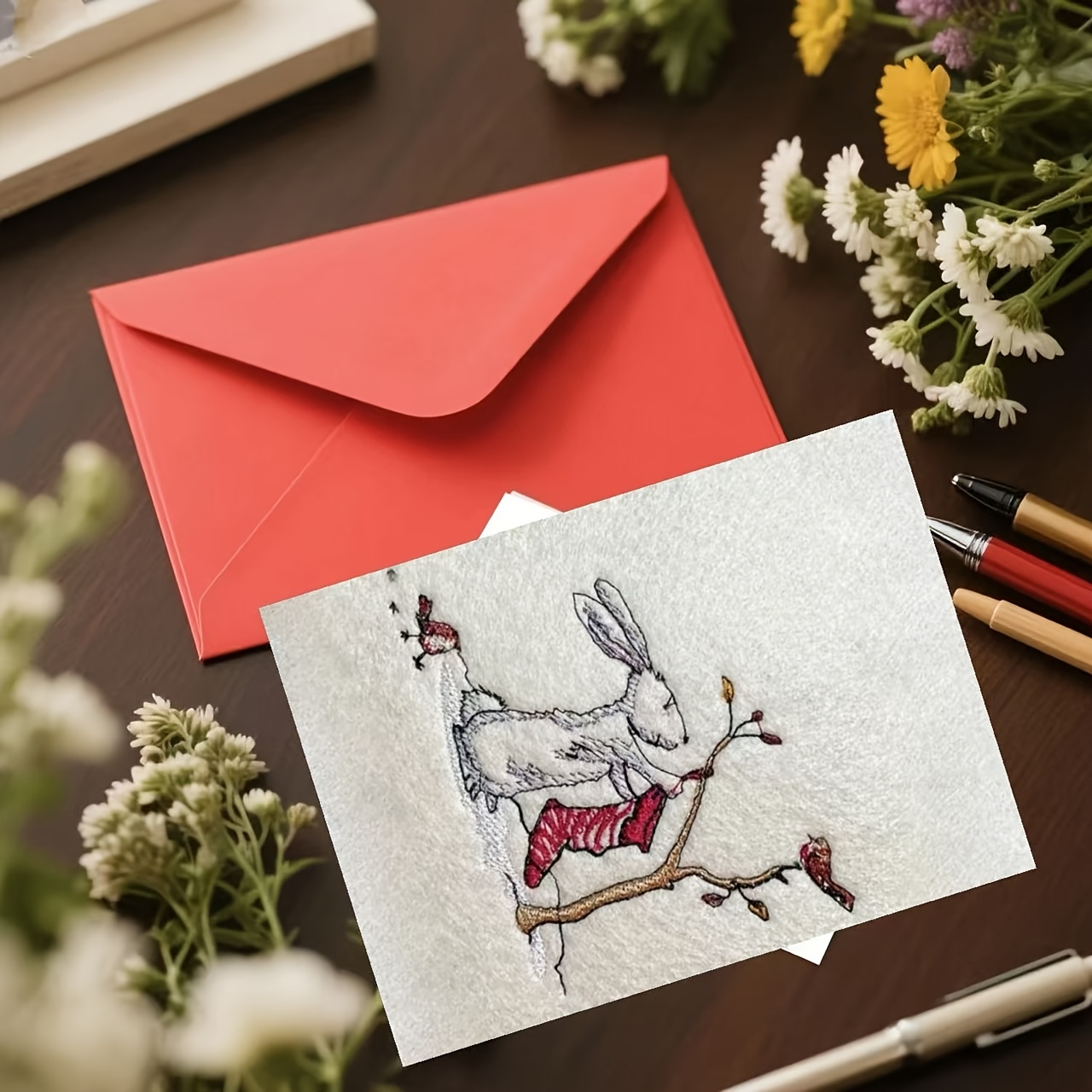 1pc Christmas And Halloween Greeting Card, High-quality Paper With Envelope - Festive Bunny And Branch Birds Design, For , Warm Seasonal Greetings, Perfect Gift For Anyone