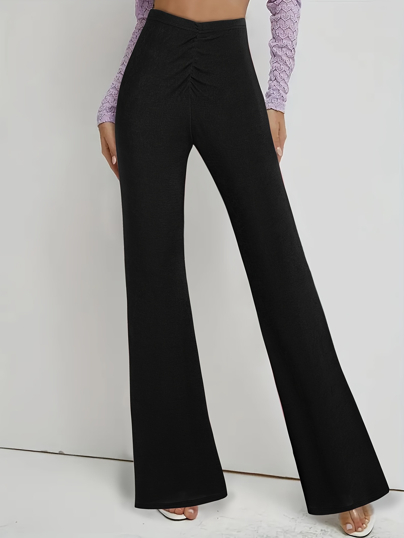 elegant flare leg pants women solid color polyester knit