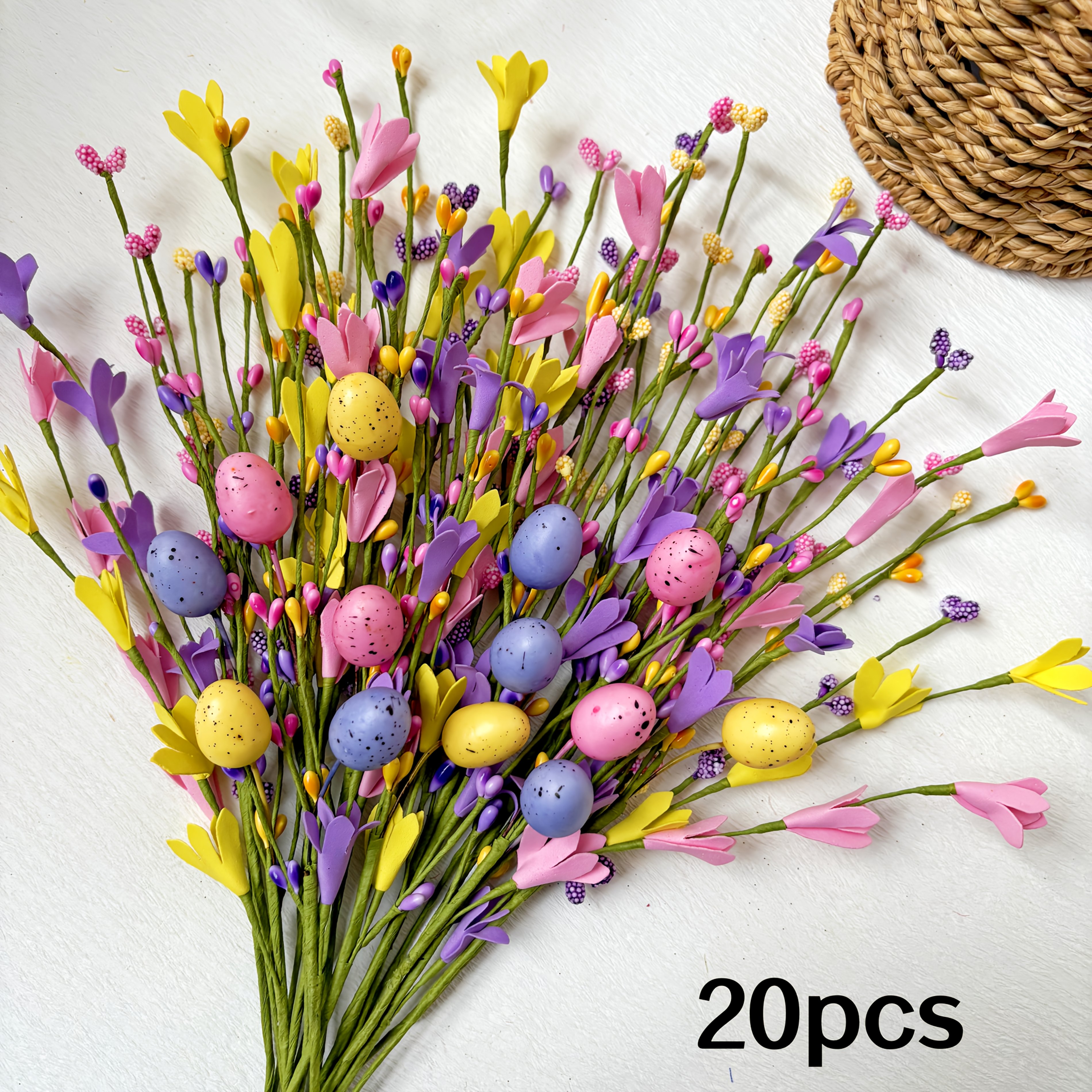 Image of 20-pack Easter Artificial Flowers | Jasmine And Berry Stems With Colorful Eggs, Handcrafted For Decor, Ideal For Easter And And Party Decorations